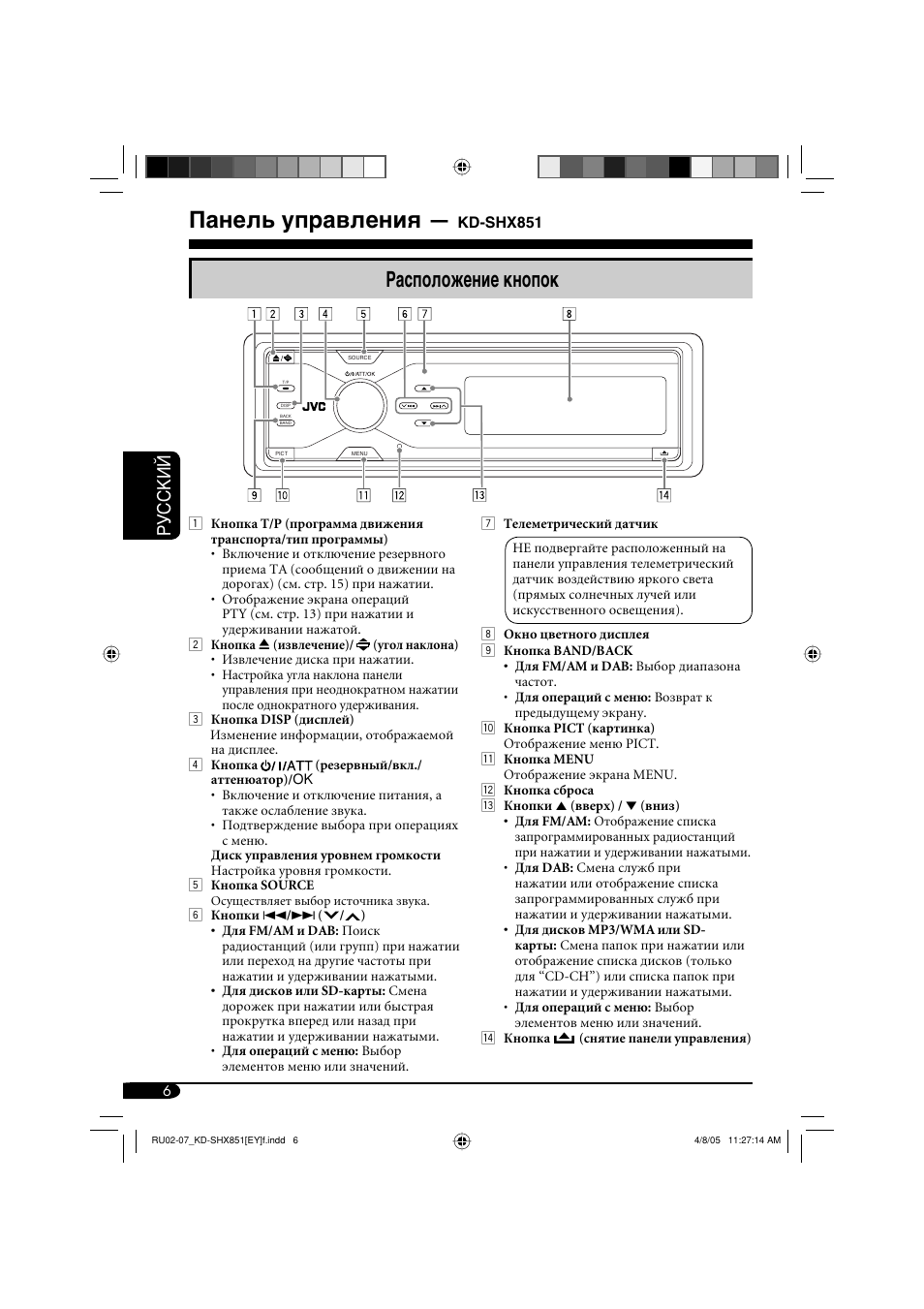 Панель управления, Расположение кнопок, Руcckий | JVC KD-SHX851 User Manual | Page 134 / 195