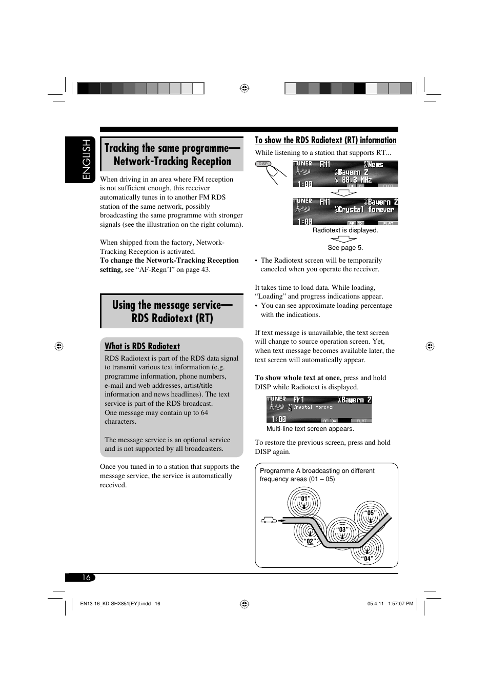 Using the message service— rds radiotext (rt), English | JVC KD-SHX851 User Manual | Page 16 / 195