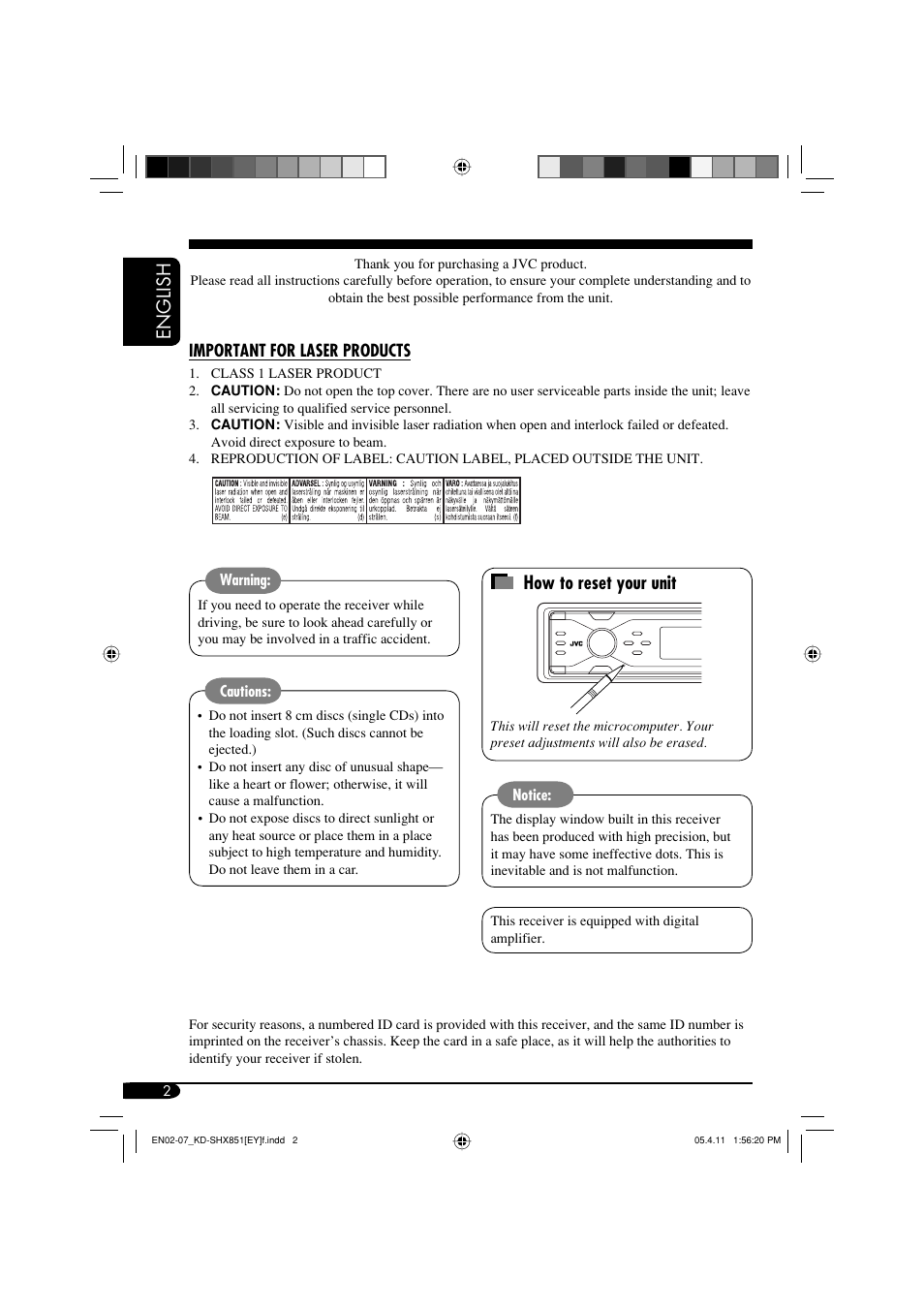 English how to reset your unit | JVC KD-SHX851 User Manual | Page 2 / 195