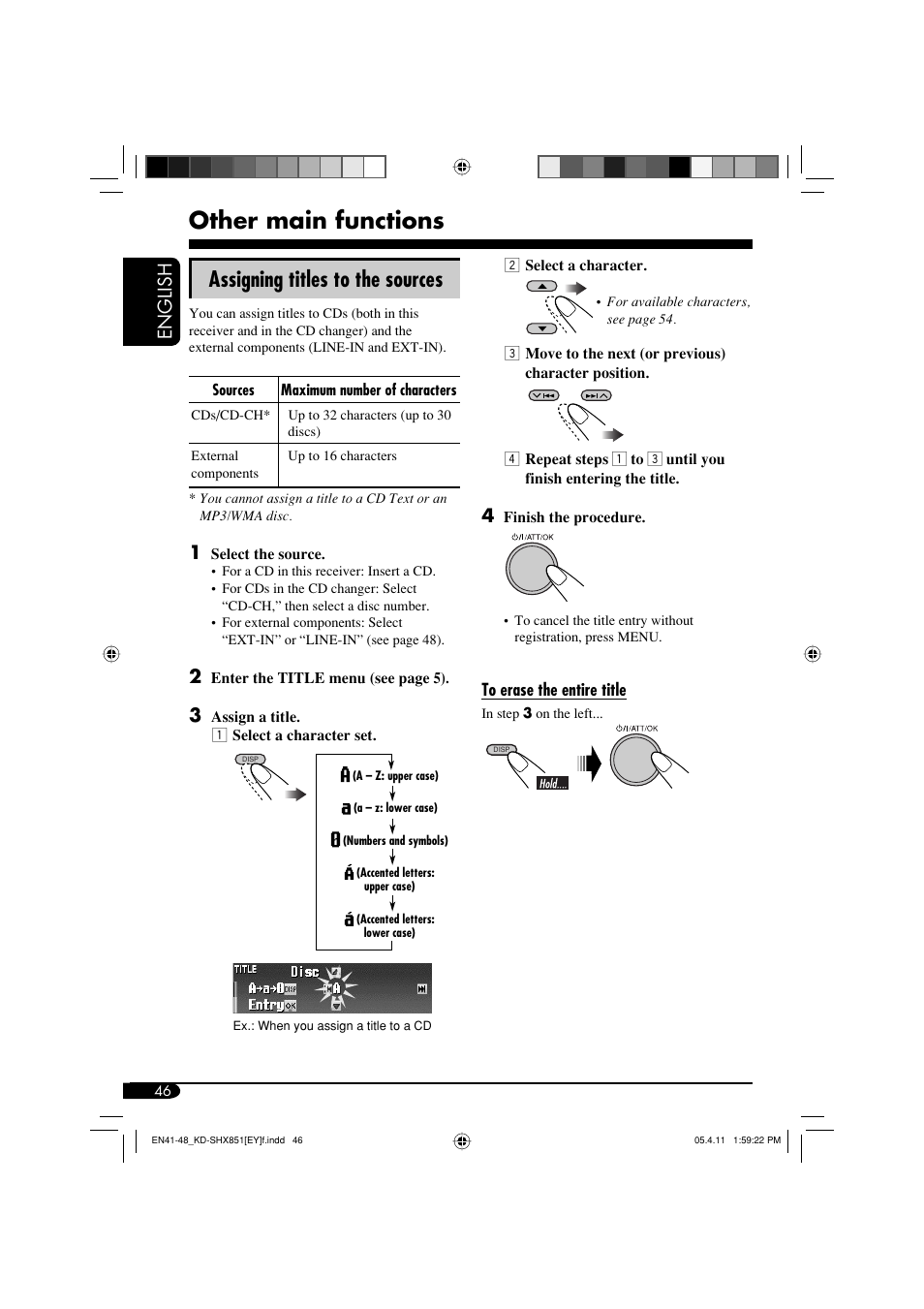 Other main functions, Assigning titles to the sources, English | JVC KD-SHX851 User Manual | Page 46 / 195