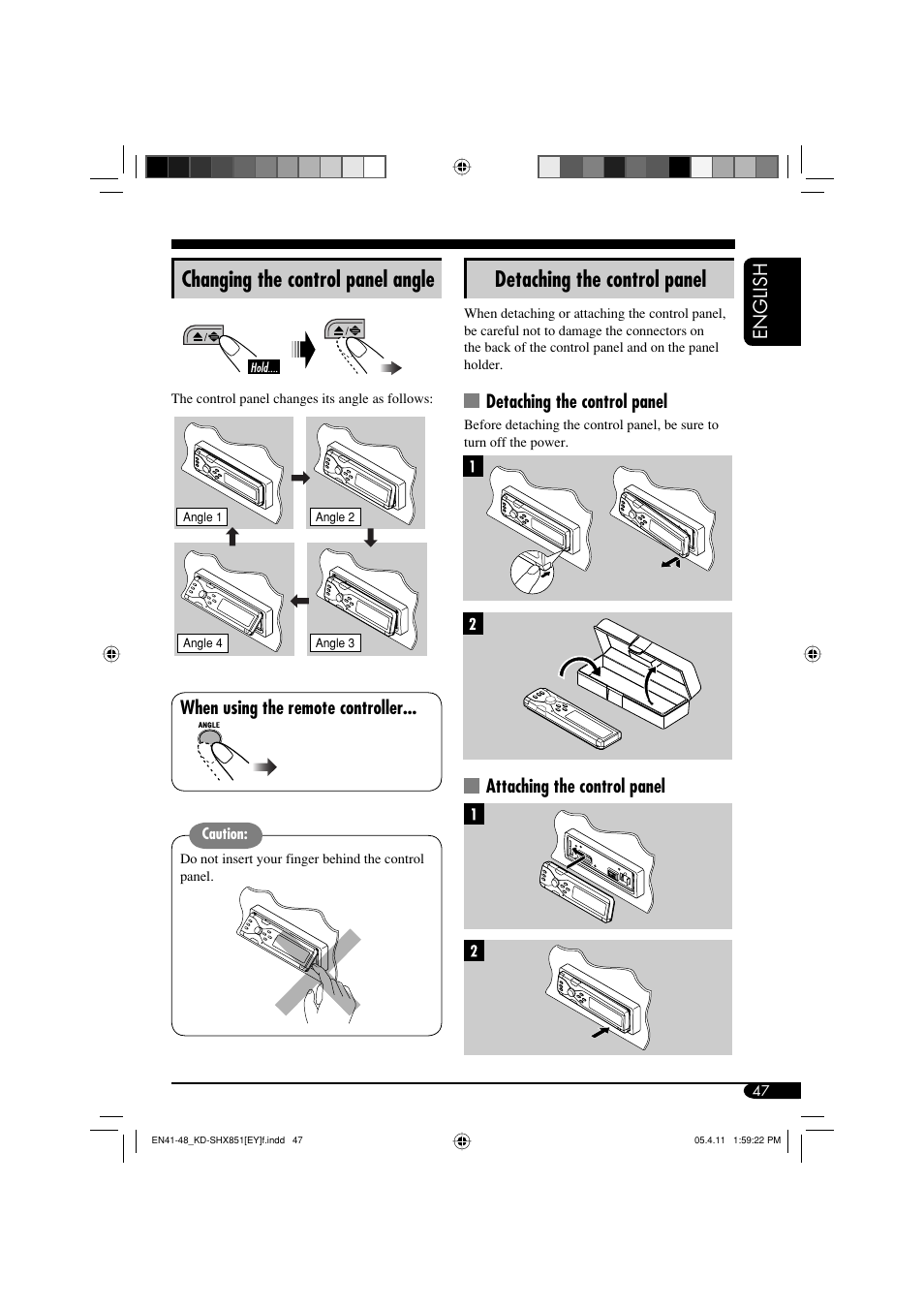 Detaching the control panel, Changing the control panel angle, English | Attaching the control panel, When using the remote controller | JVC KD-SHX851 User Manual | Page 47 / 195
