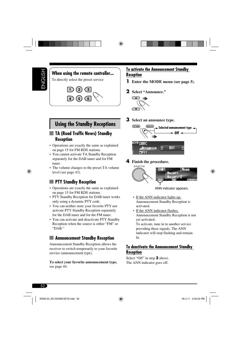 Using the standby receptions, English, When using the remote controller | Ta (road traffic news) standby reception, Pty standby reception, Announcement standby reception | JVC KD-SHX851 User Manual | Page 52 / 195