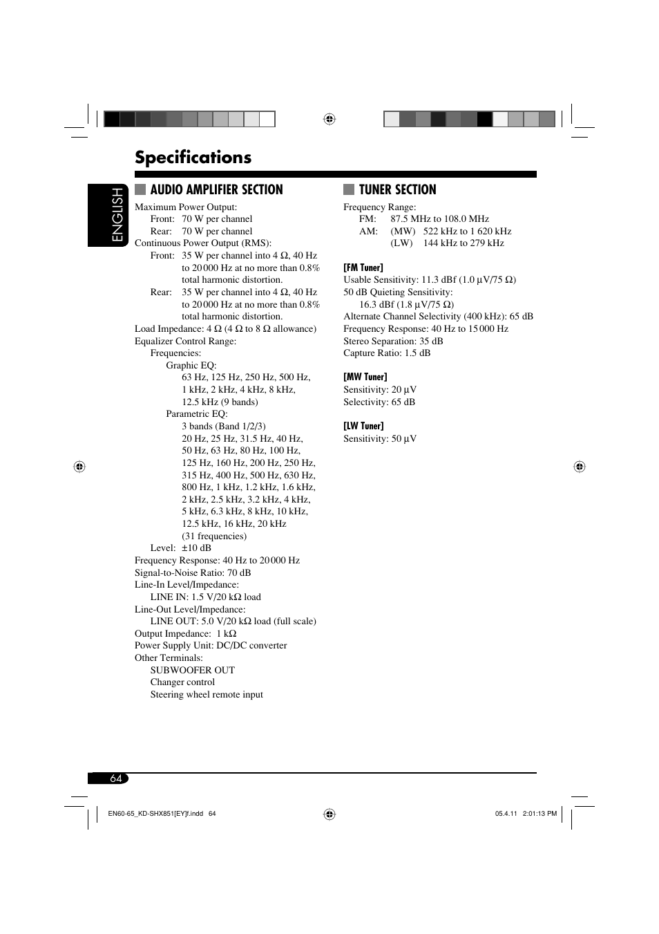 Specifications, English | JVC KD-SHX851 User Manual | Page 64 / 195