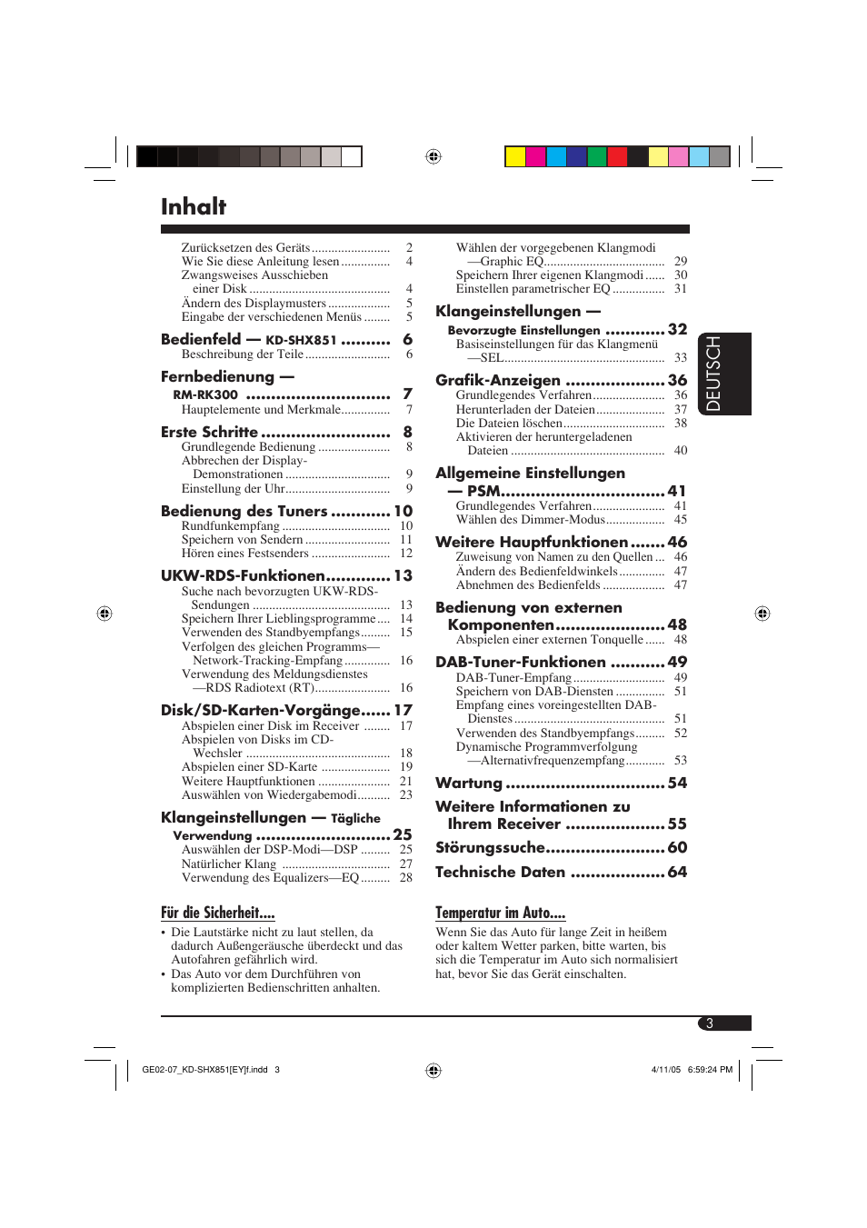 Inhalt, Deutsch | JVC KD-SHX851 User Manual | Page 67 / 195