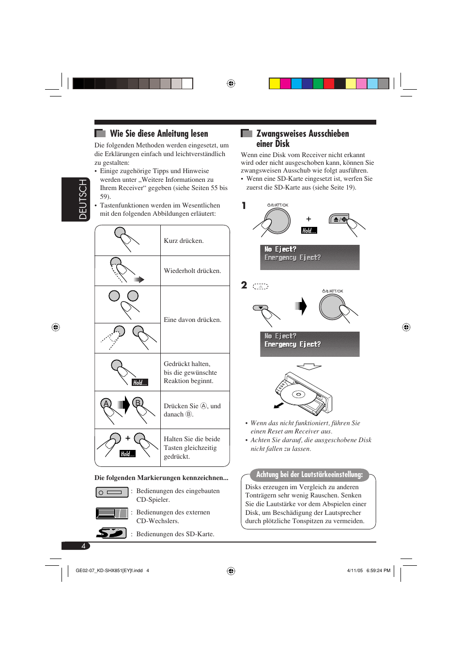 Deutsch wie sie diese anleitung lesen, Zwangsweises ausschieben einer disk | JVC KD-SHX851 User Manual | Page 68 / 195