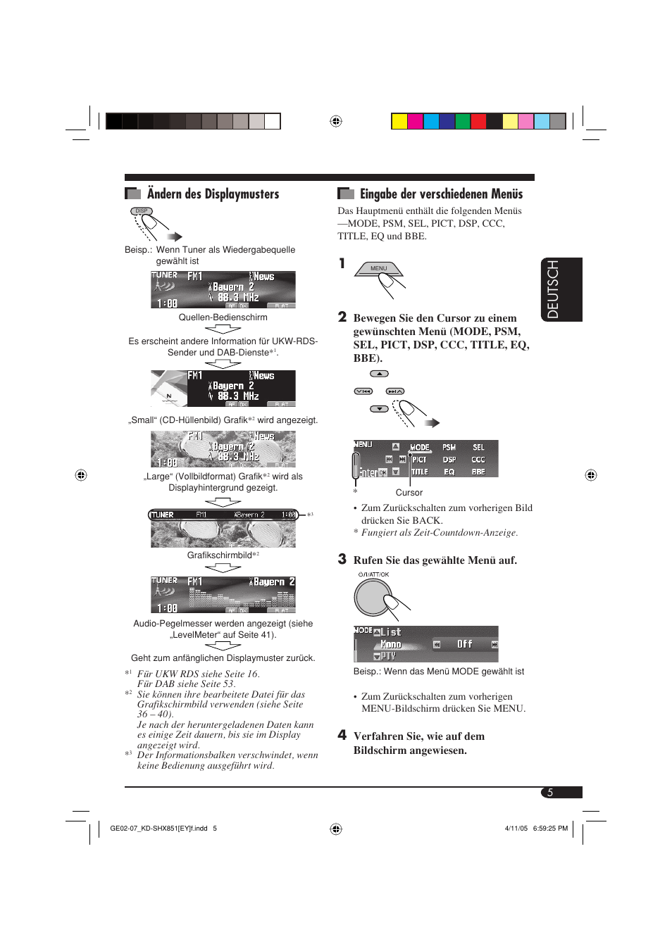 Deutsch eingabe der verschiedenen menüs, Ändern des displaymusters | JVC KD-SHX851 User Manual | Page 69 / 195