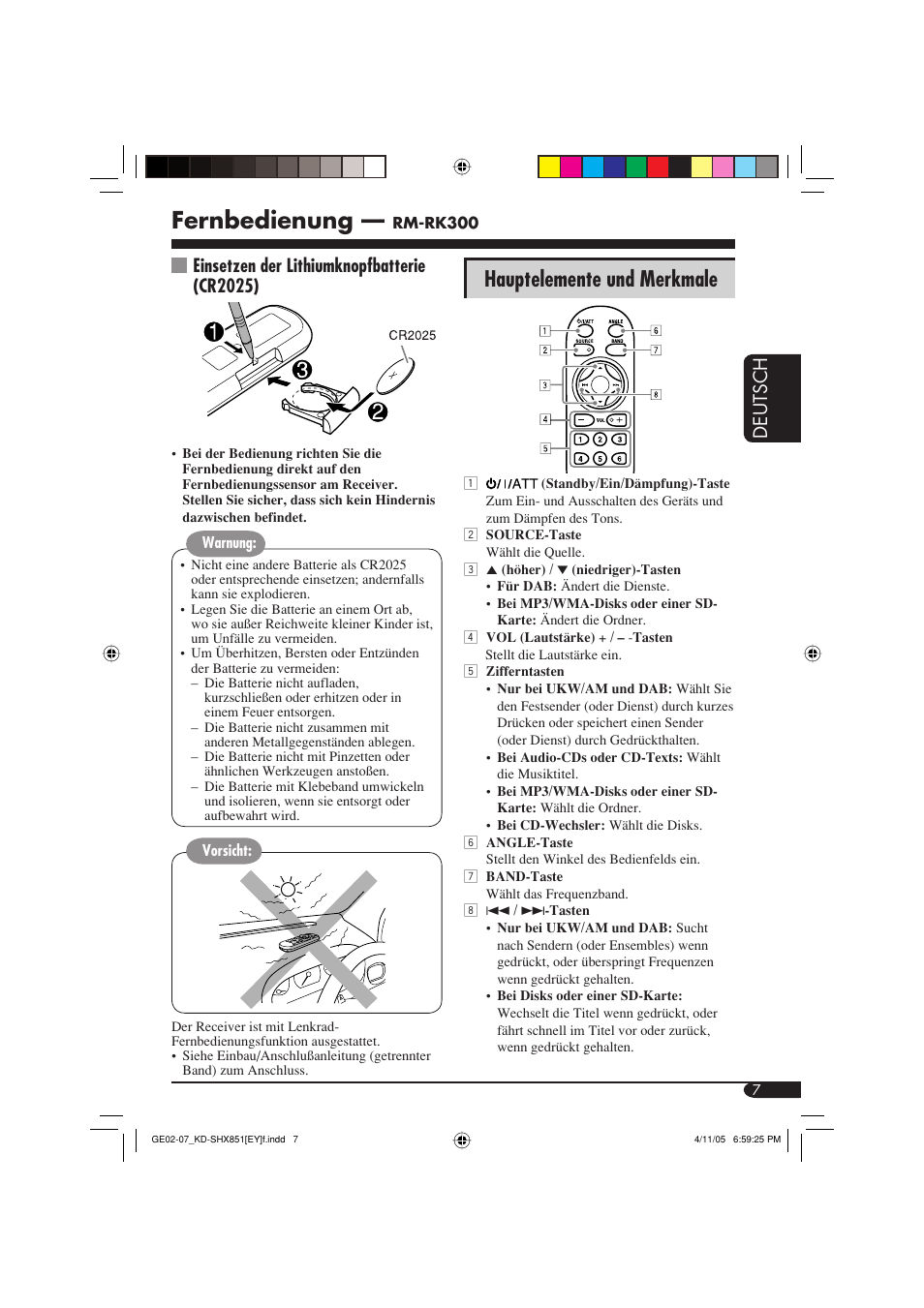 Fernbedienung, Hauptelemente und merkmale, Deutsch | Einsetzen der lithiumknopfbatterie (cr2025) | JVC KD-SHX851 User Manual | Page 71 / 195