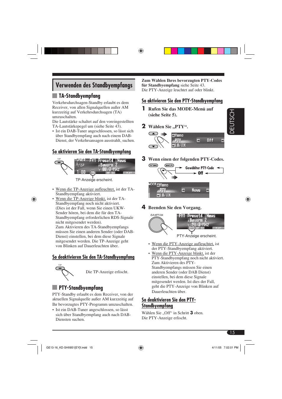 Verwenden des standbyempfangs, Deutsch, Ta-standbyempfang | Pty-standbyempfang | JVC KD-SHX851 User Manual | Page 79 / 195