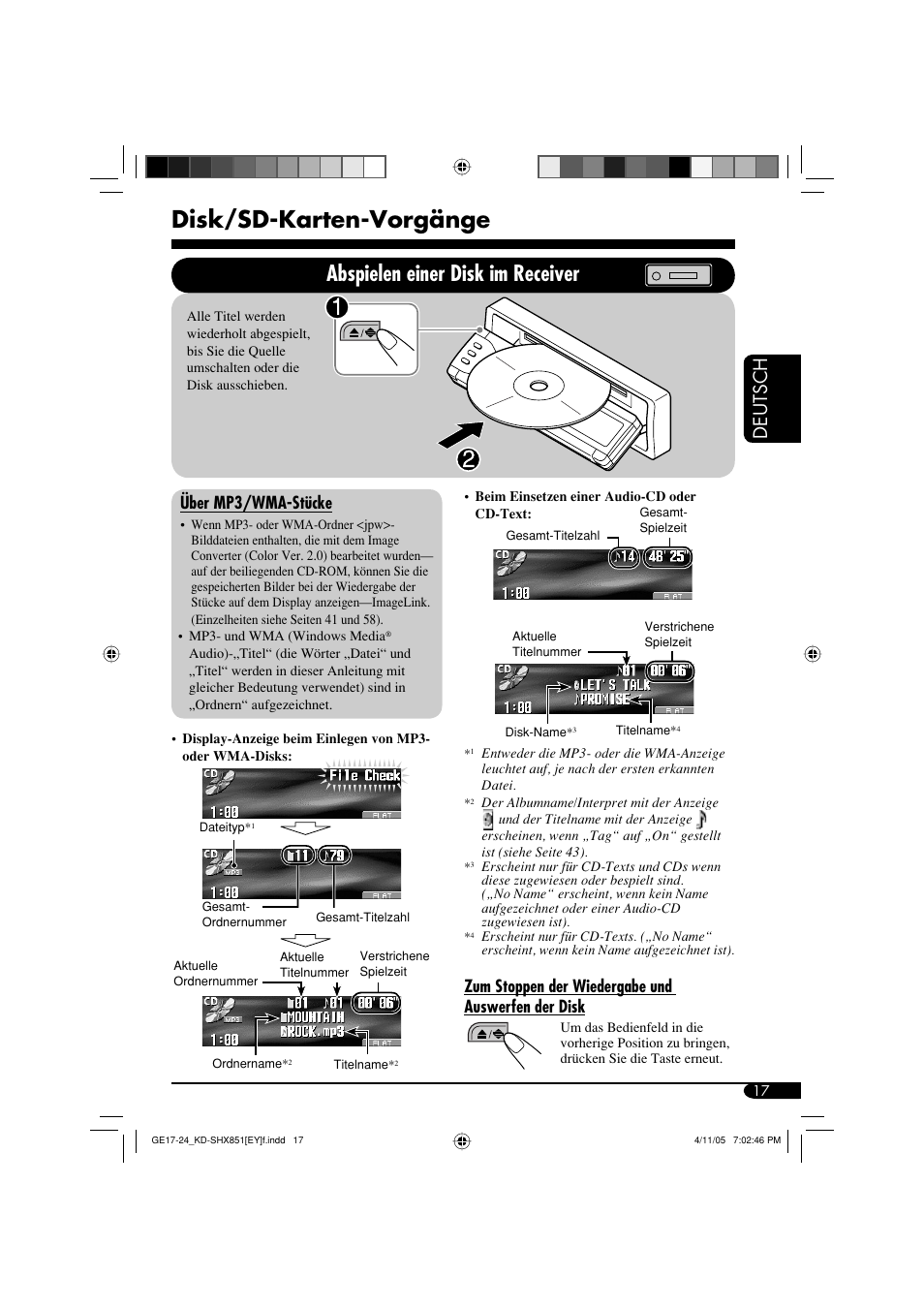 Disk/sd-karten-vorgänge, Abspielen einer disk im receiver, Deutsch | Über mp3/wma-stücke, Zum stoppen der wiedergabe und auswerfen der disk | JVC KD-SHX851 User Manual | Page 81 / 195