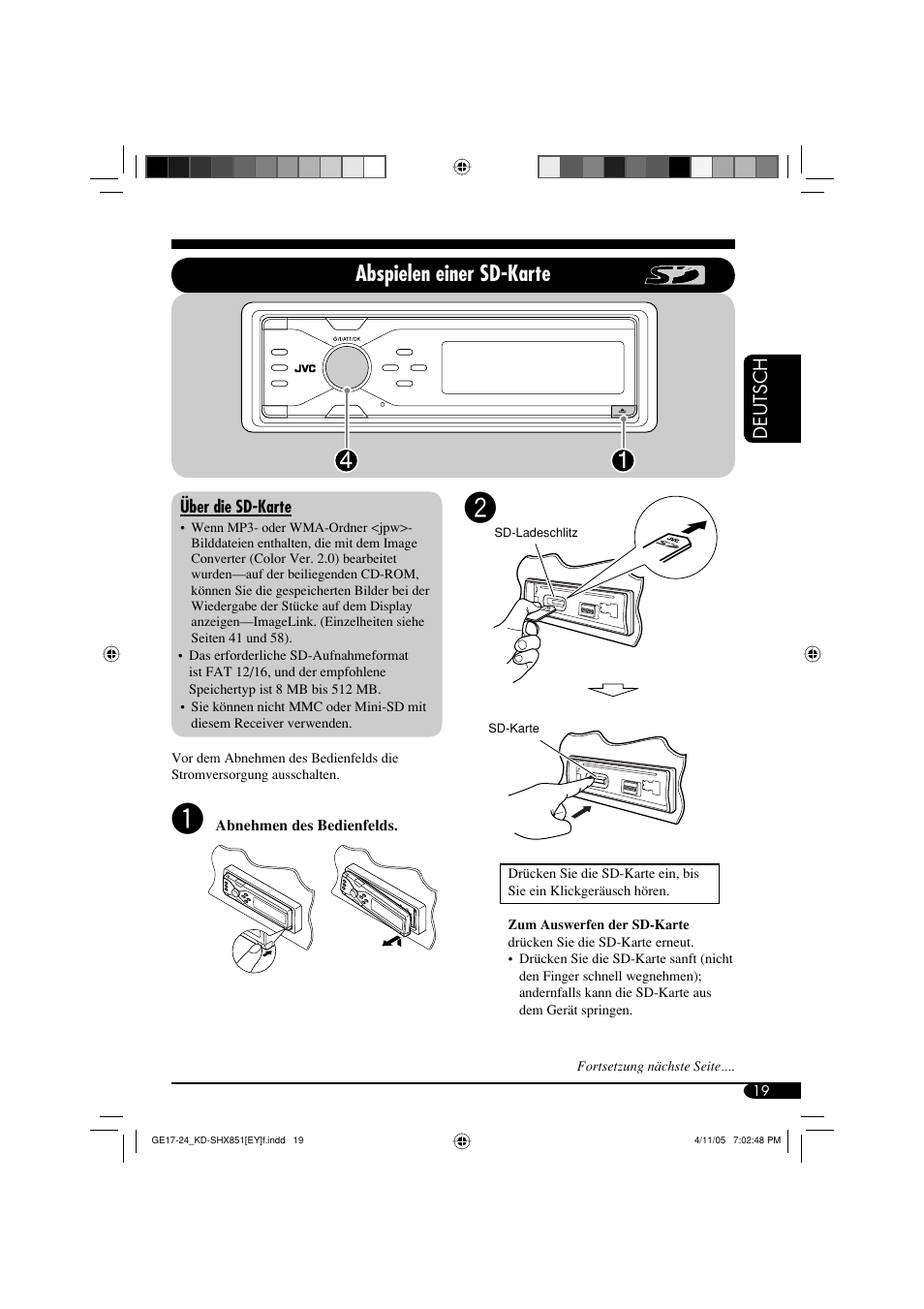 Abspielen einer sd-karte, Deutsch | JVC KD-SHX851 User Manual | Page 83 / 195