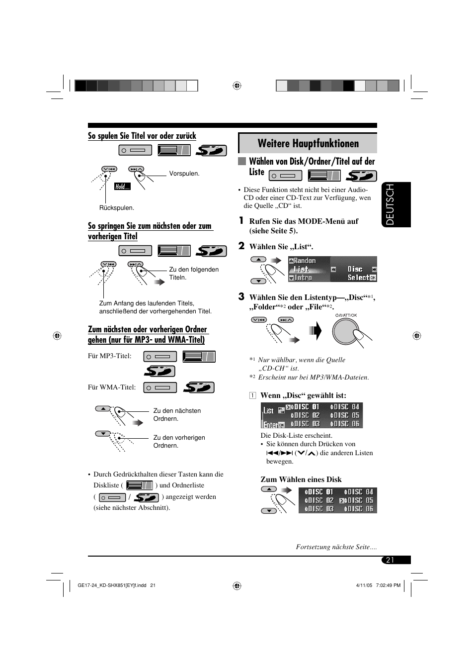 Weitere hauptfunktionen, Deutsch, Wählen von disk/ordner/titel auf der liste | JVC KD-SHX851 User Manual | Page 85 / 195