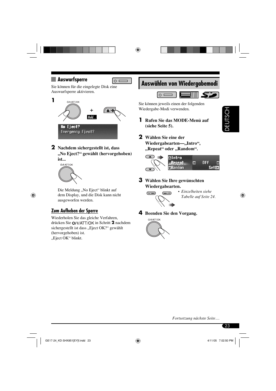 Auswählen von wiedergabemodi, Deutsch, Auswurfsperre | JVC KD-SHX851 User Manual | Page 87 / 195