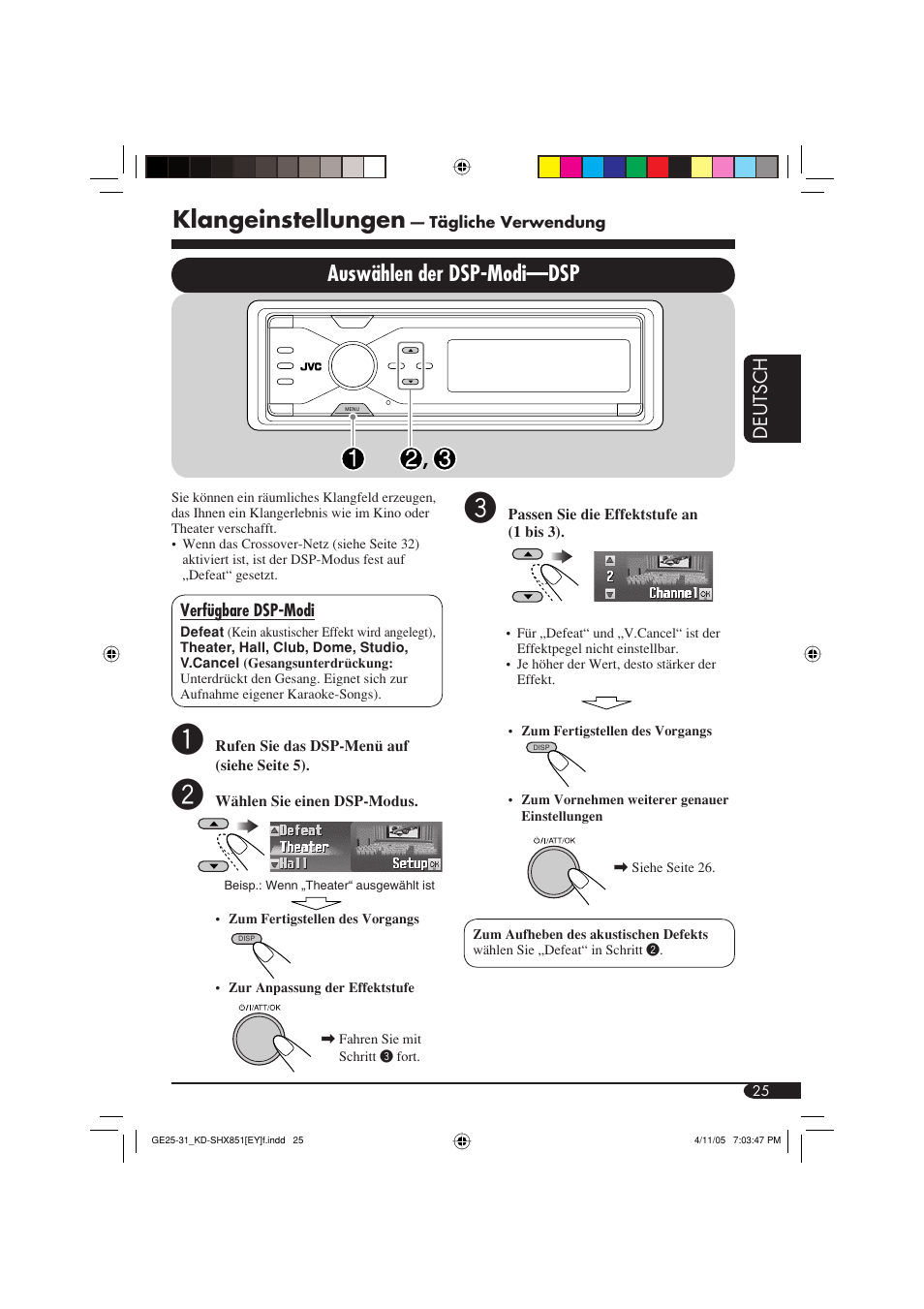 Klangeinstellungen, Auswählen der dsp-modi—dsp, Deutsch | JVC KD-SHX851 User Manual | Page 89 / 195