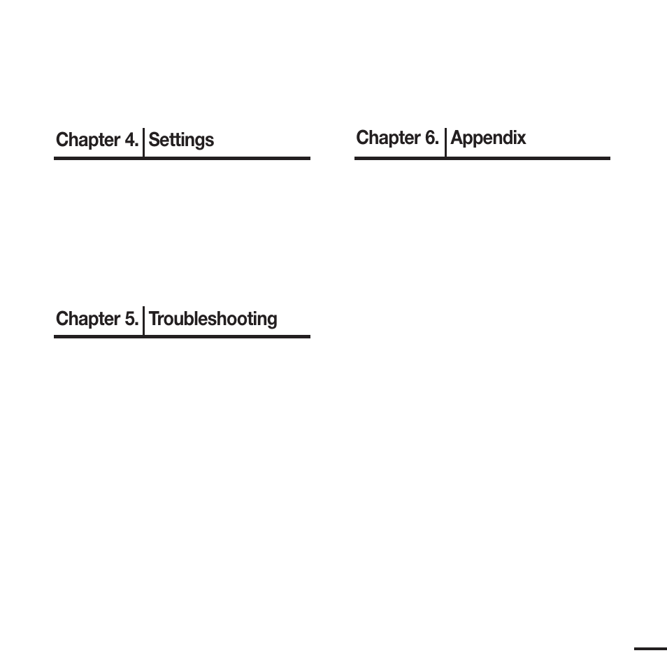Chapter 4. settings, Chapter 5. troubleshooting, Chapter 6. appendix | Samsung YP-F2J User Manual | Page 5 / 63