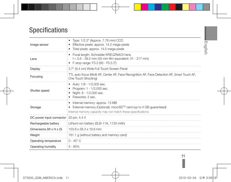 Specifications, English | Samsung AD68-04778A User Manual | Page 11 / 32
