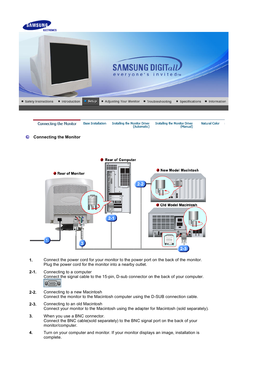 Setup, Connecting the monitor | Samsung 1100MB User Manual | Page 13 / 62