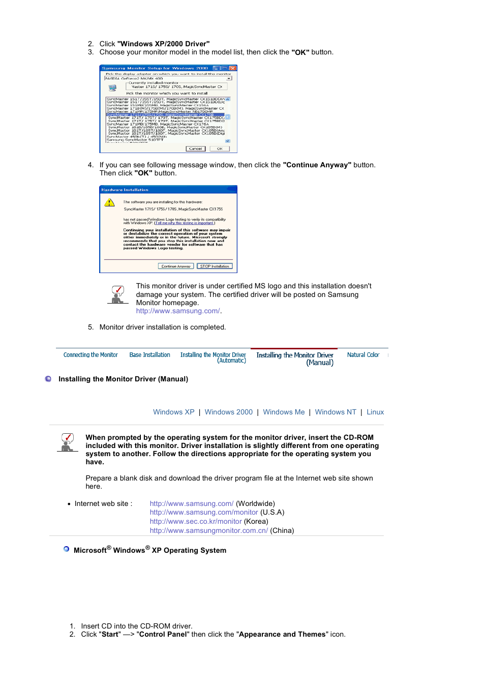 Installing the monitor driver (manual) | Samsung 1100MB User Manual | Page 16 / 62