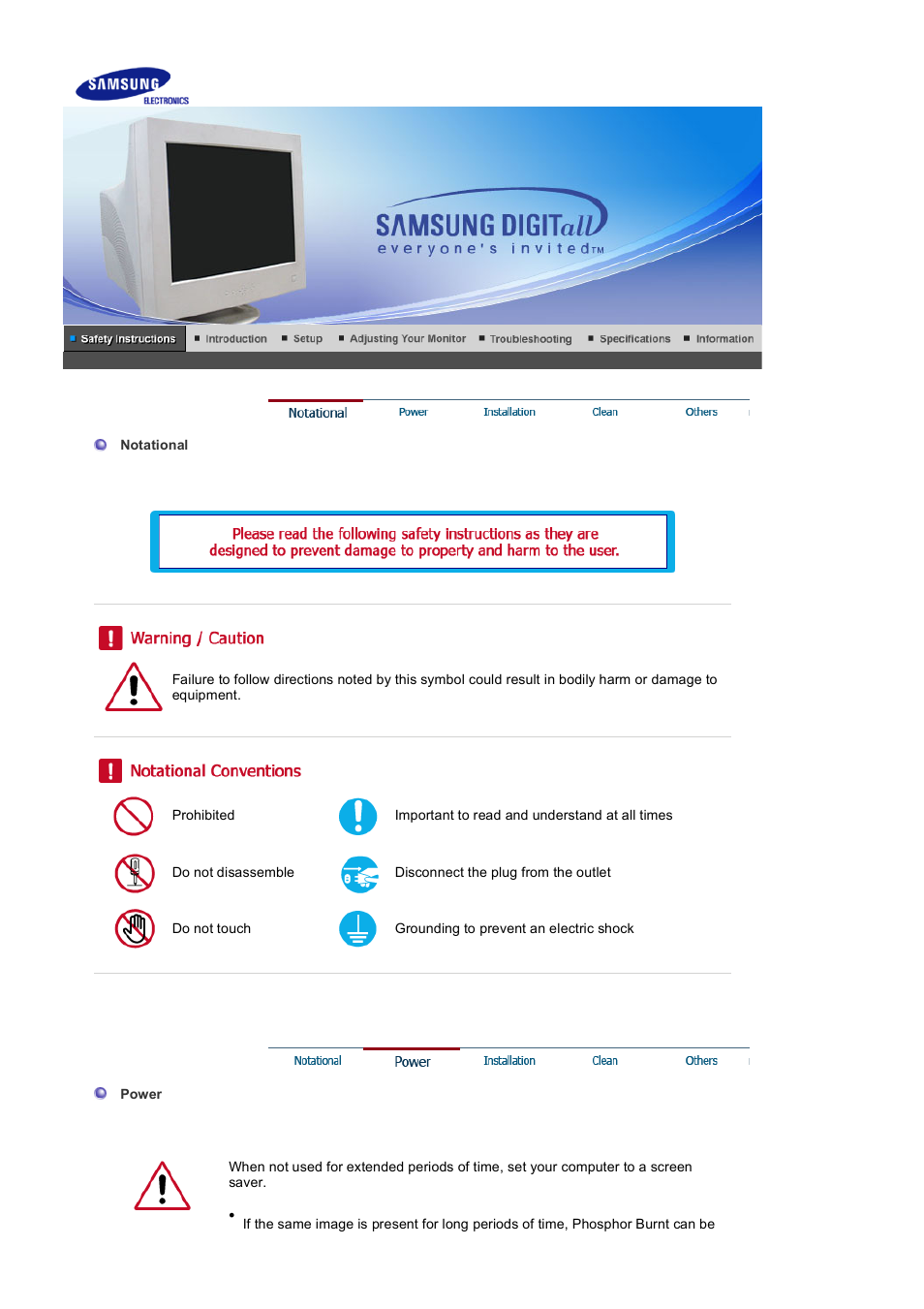 Safety instructions, Notational, Power | Samsung 1100MB User Manual | Page 2 / 62