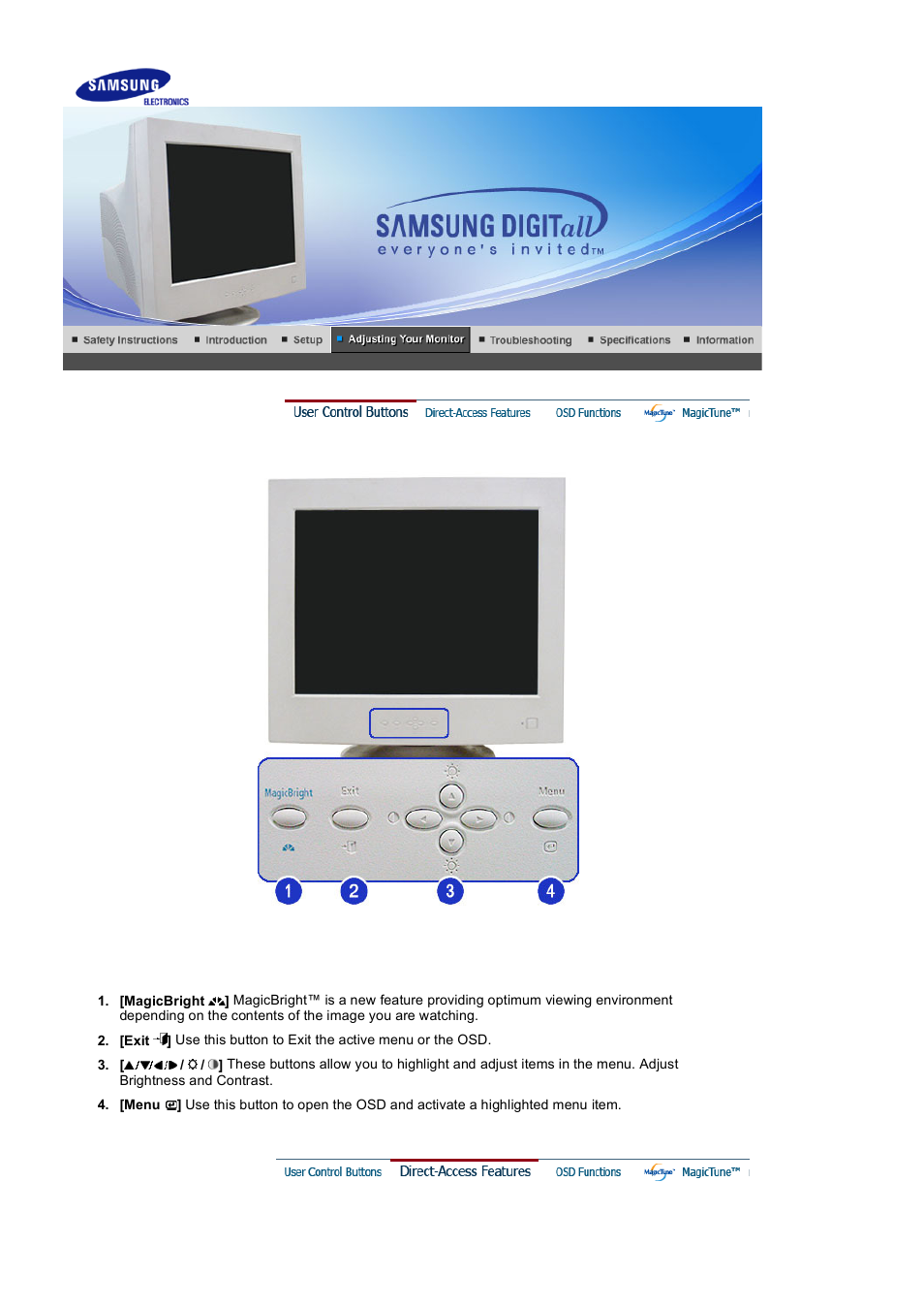 Adjusting your monitor, User control buttons | Samsung 1100MB User Manual | Page 22 / 62