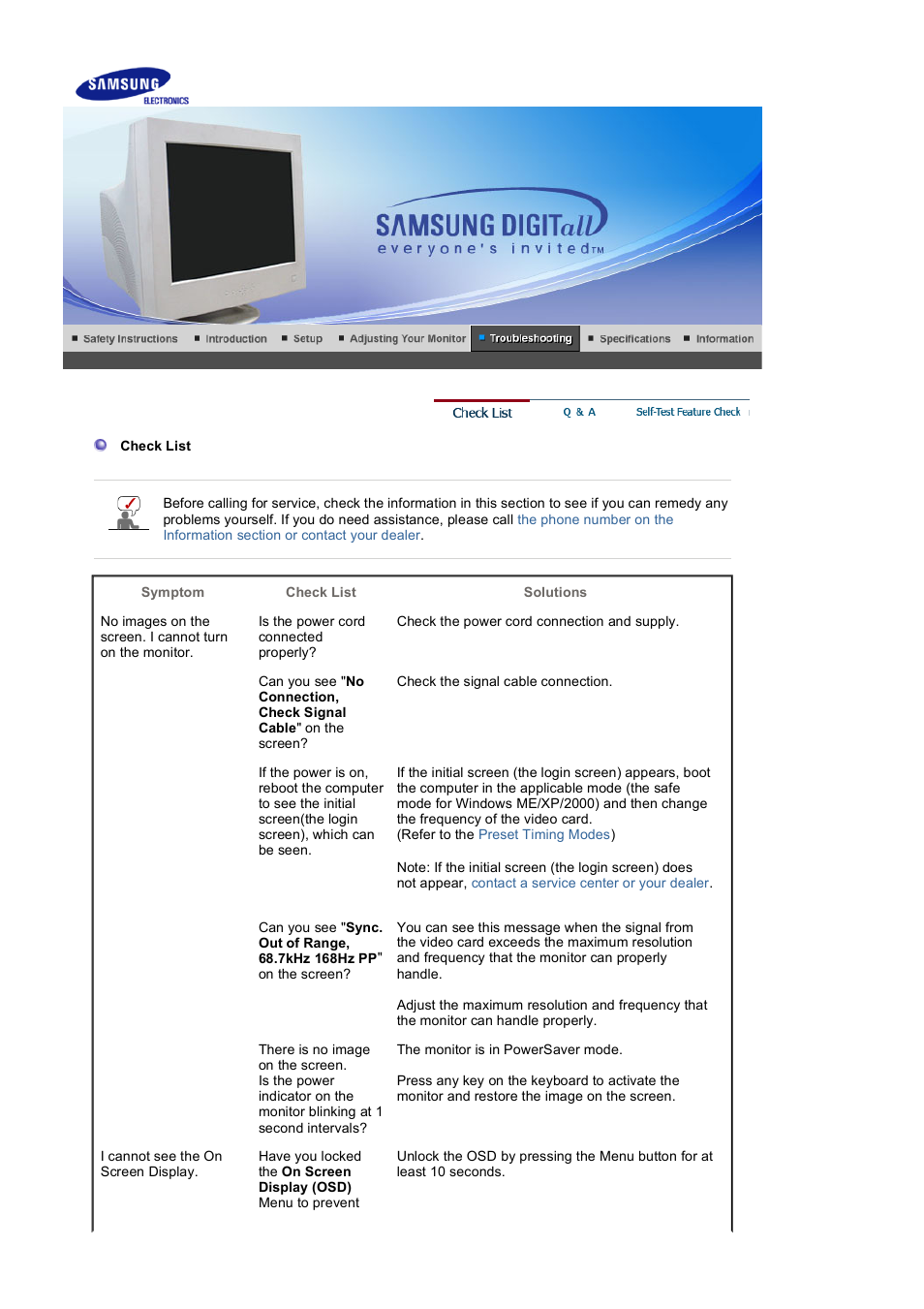 Troubleshooting, Check list | Samsung 1100MB User Manual | Page 46 / 62