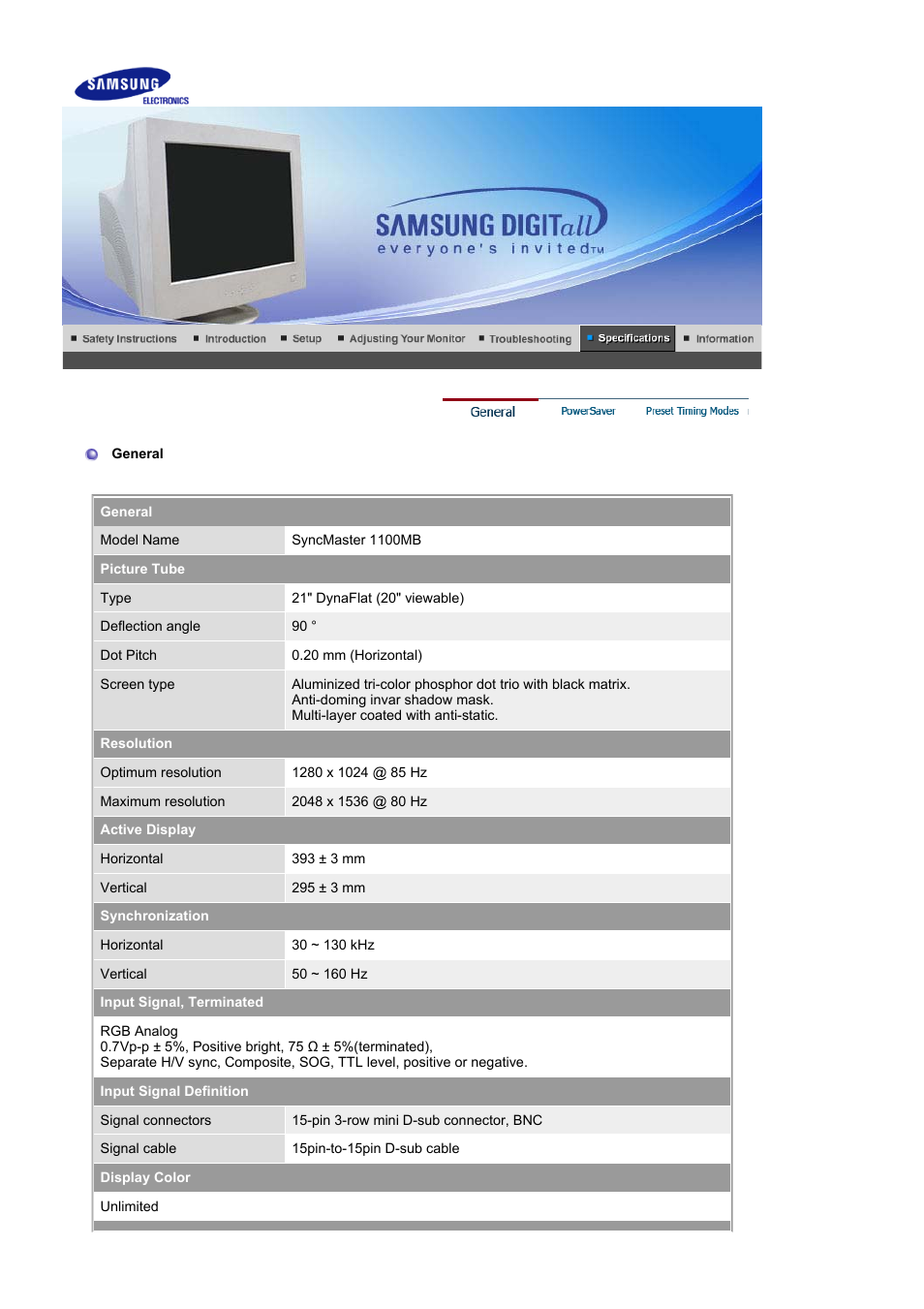 Specifications, General | Samsung 1100MB User Manual | Page 51 / 62