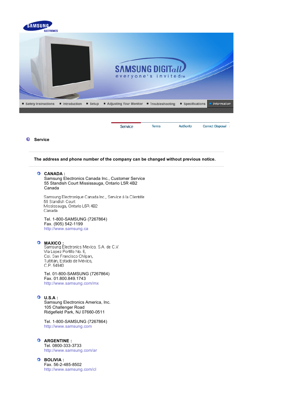 Information, Service | Samsung 1100MB User Manual | Page 54 / 62