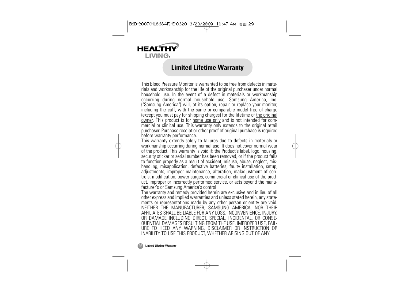 Limited lifetime warranty | Samsung BSD-3007 User Manual | Page 27 / 66