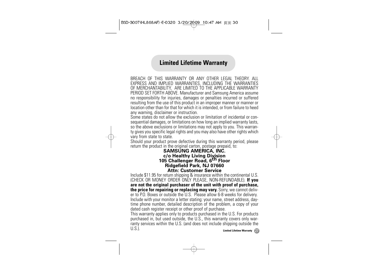 Limited lifetime warranty | Samsung BSD-3007 User Manual | Page 28 / 66
