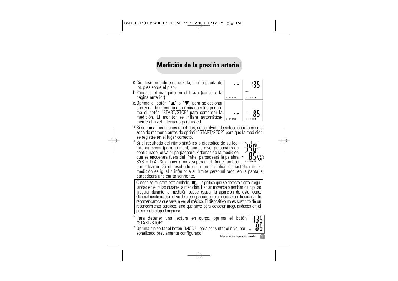 Medición de la presión arterial | Samsung BSD-3007 User Manual | Page 52 / 66