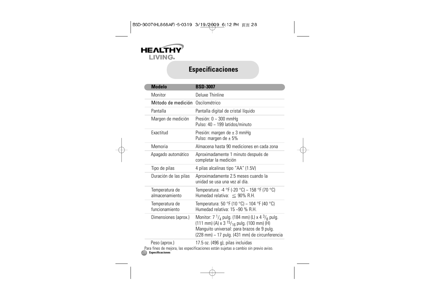 Especificaciones | Samsung BSD-3007 User Manual | Page 61 / 66