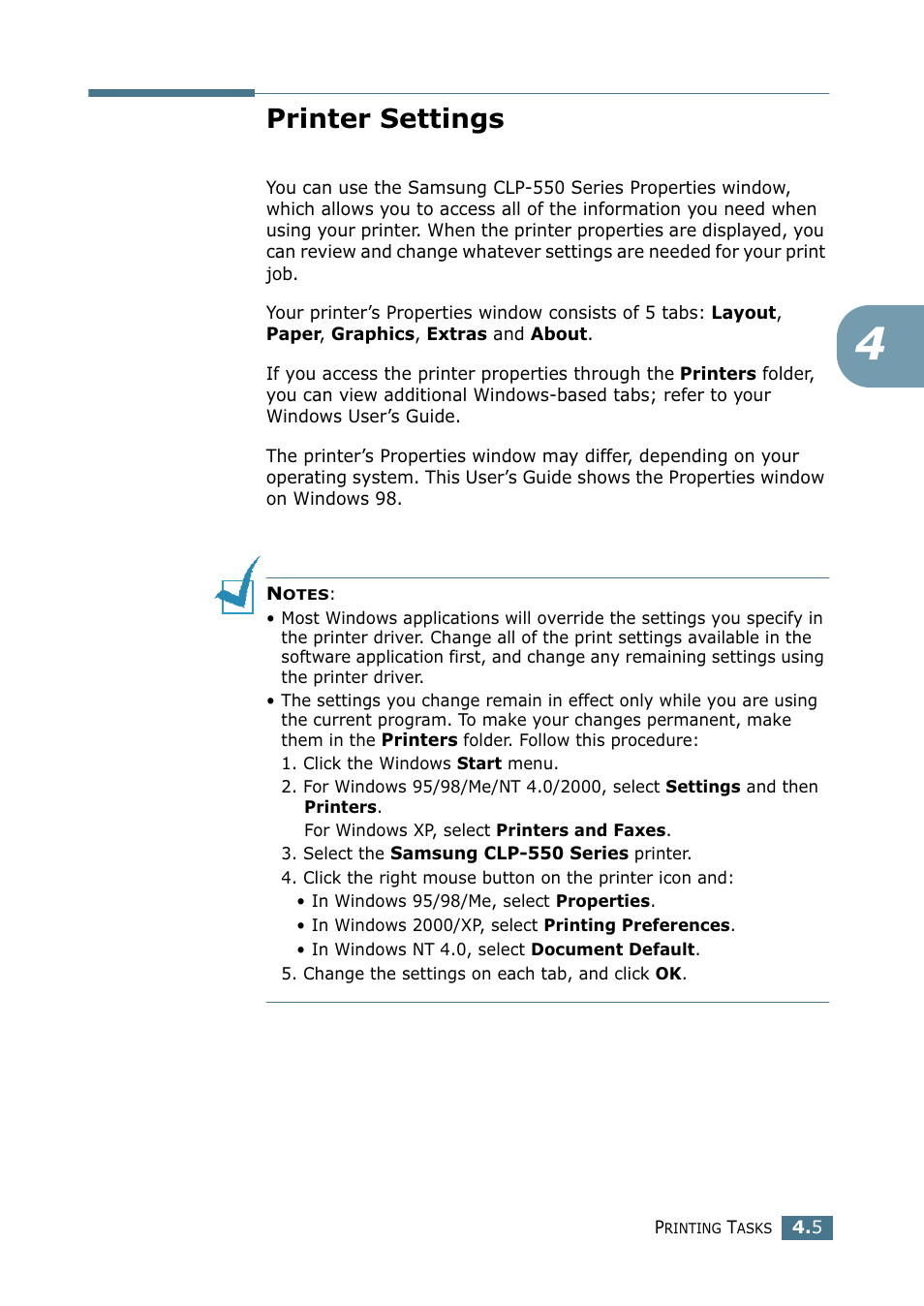 Printer settings | Samsung CLP 550 User Manual | Page 105 / 289