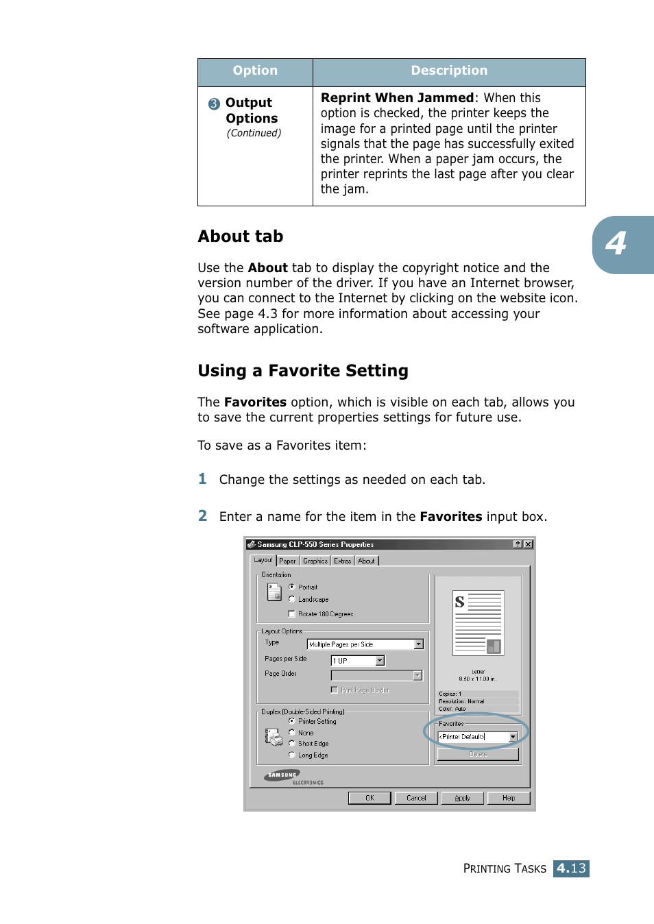 About tab, Using a favorite setting, About tab using a favorite setting | Samsung CLP 550 User Manual | Page 113 / 289