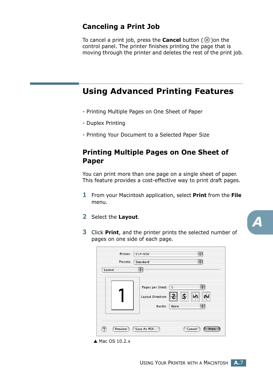 Canceling a print job, Using advanced printing features, Printing multiple pages on one sheet of paper | Samsung CLP 550 User Manual | Page 211 / 289