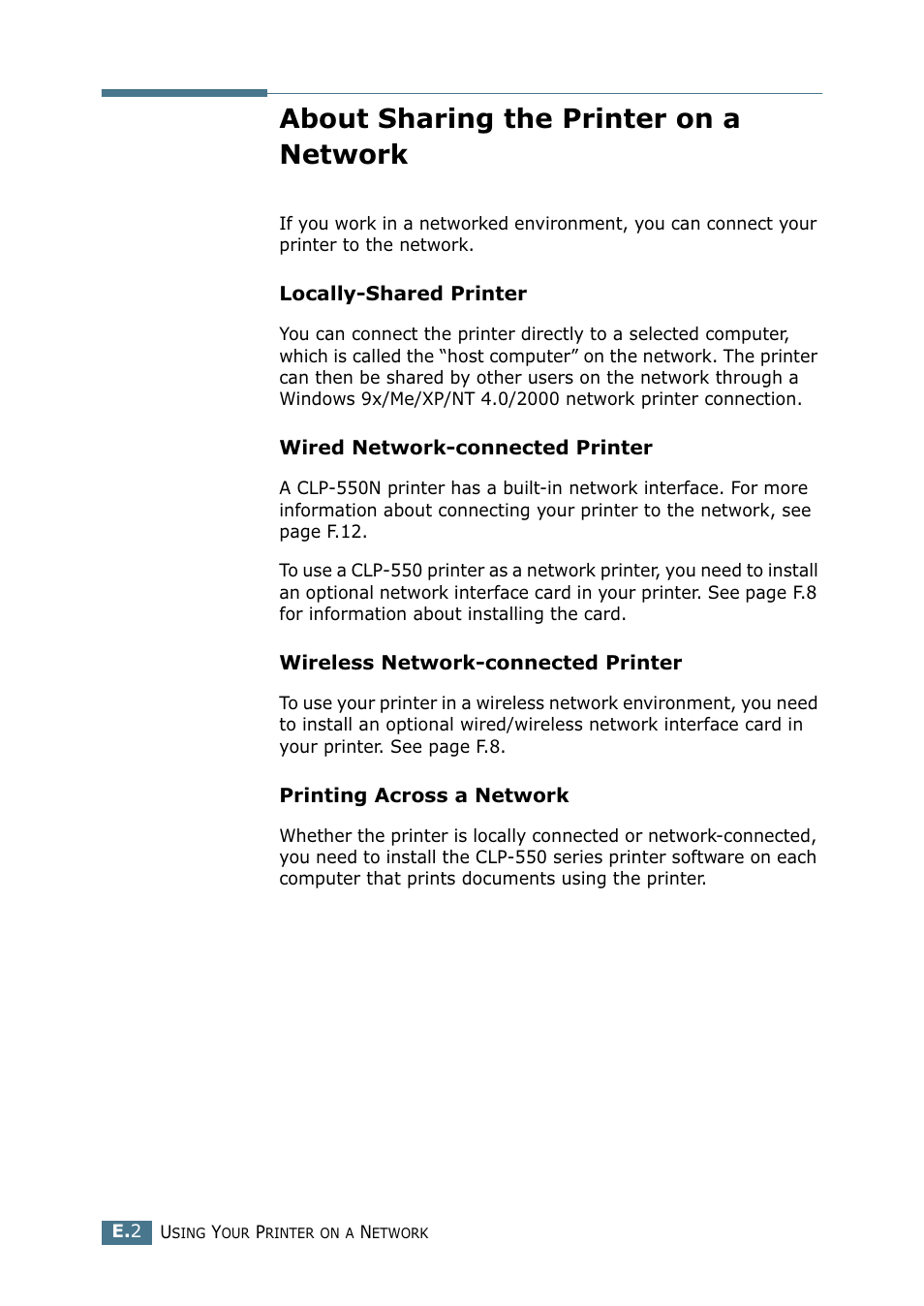 About sharing the printer on a network | Samsung CLP 550 User Manual | Page 246 / 289