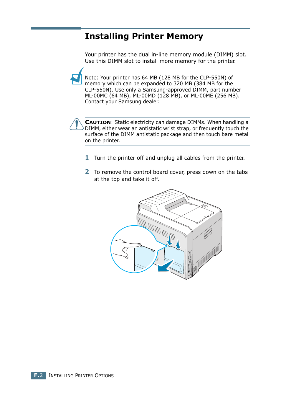 Installing printer memory | Samsung CLP 550 User Manual | Page 260 / 289