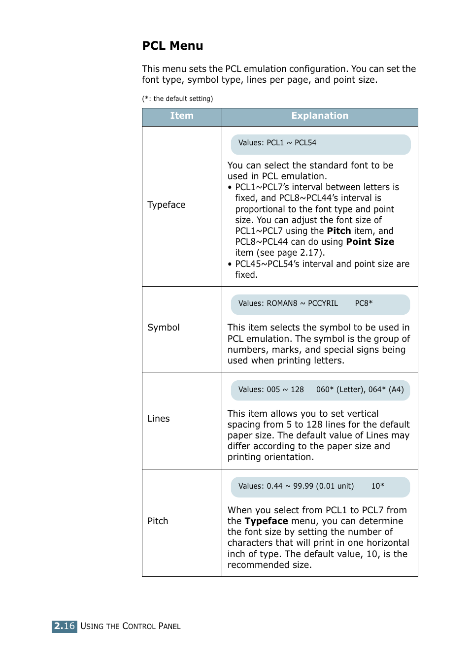 Pcl menu | Samsung CLP 550 User Manual | Page 70 / 289