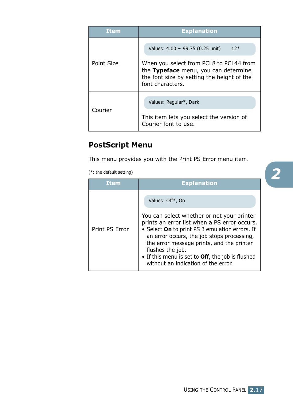 Postscript menu | Samsung CLP 550 User Manual | Page 71 / 289