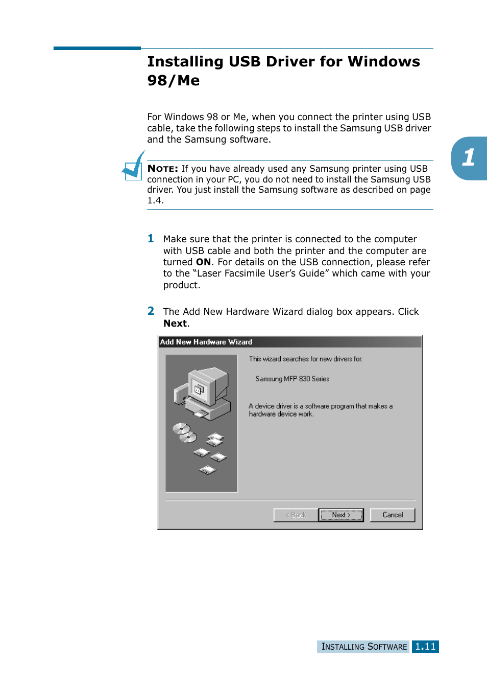 Installing usb driver for windows 98/me | Samsung 835P User Manual | Page 14 / 51