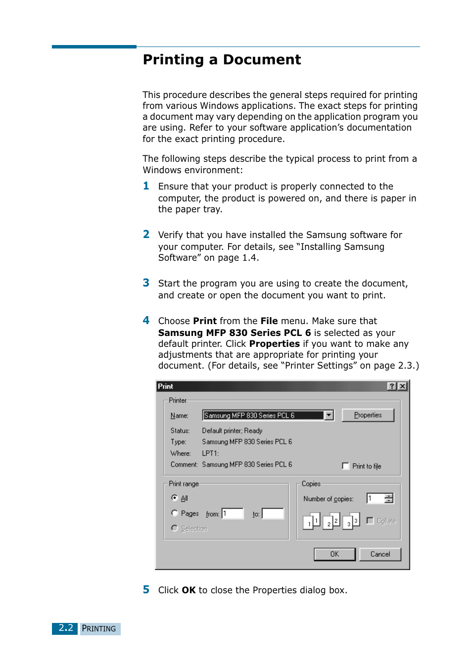 Printing a document | Samsung 835P User Manual | Page 29 / 51
