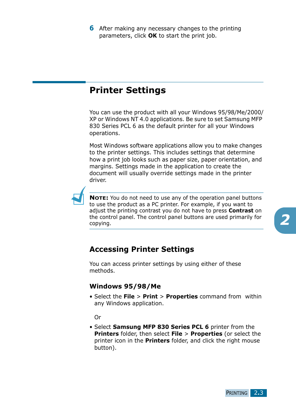 Printer settings, Accessing printer settings | Samsung 835P User Manual | Page 30 / 51