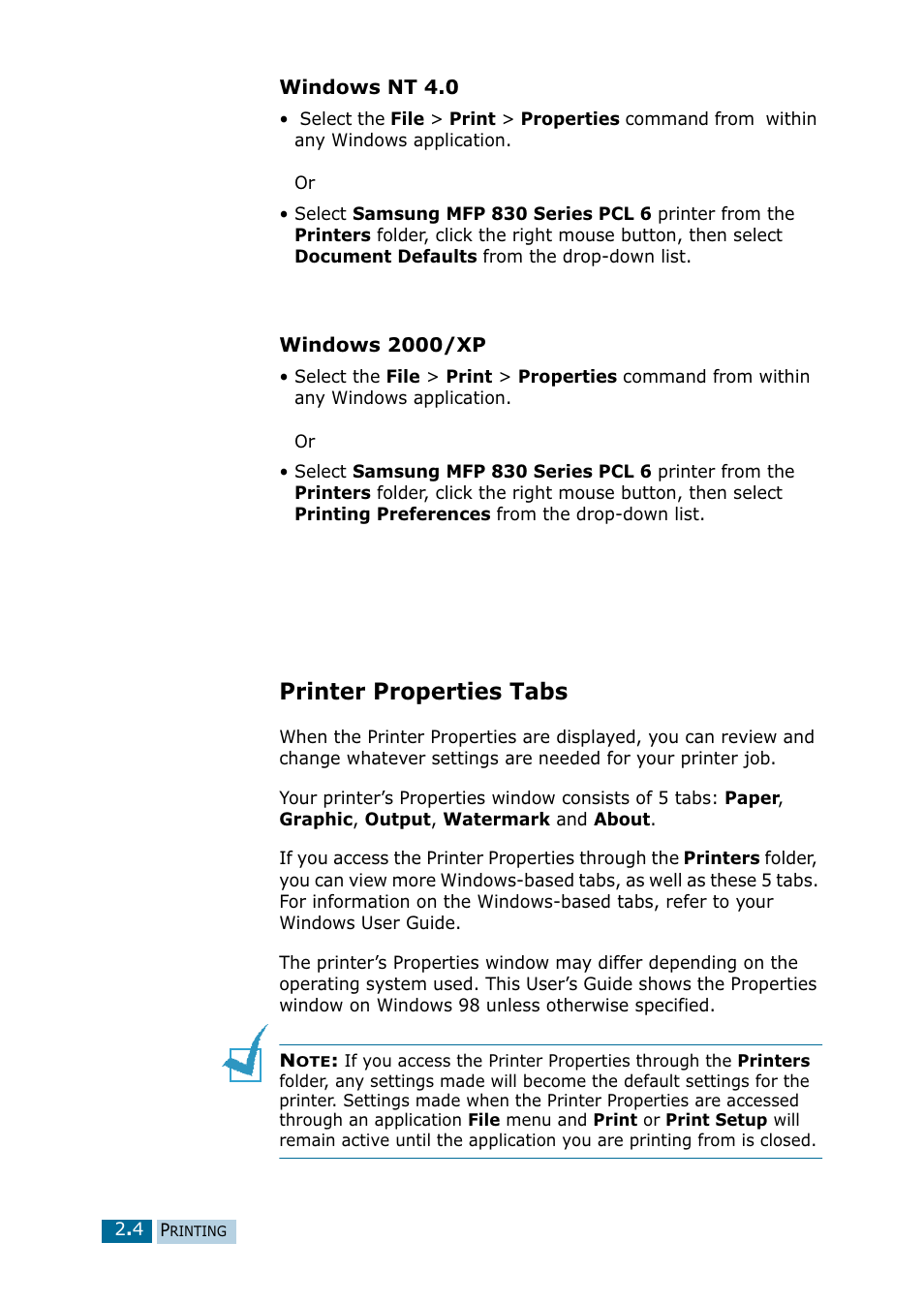 Printer properties tabs | Samsung 835P User Manual | Page 31 / 51