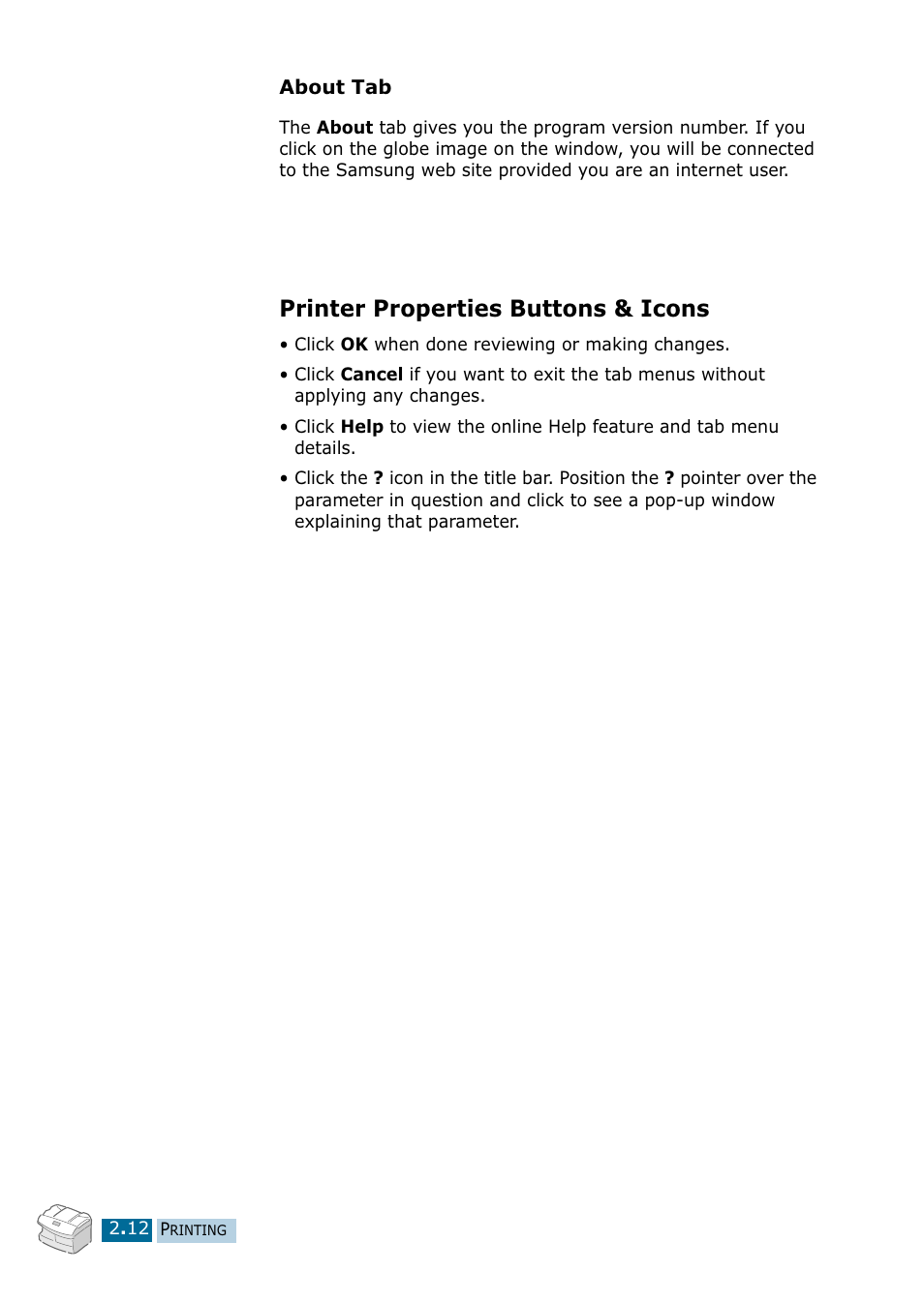 Printer properties buttons & icons | Samsung 835P User Manual | Page 39 / 51