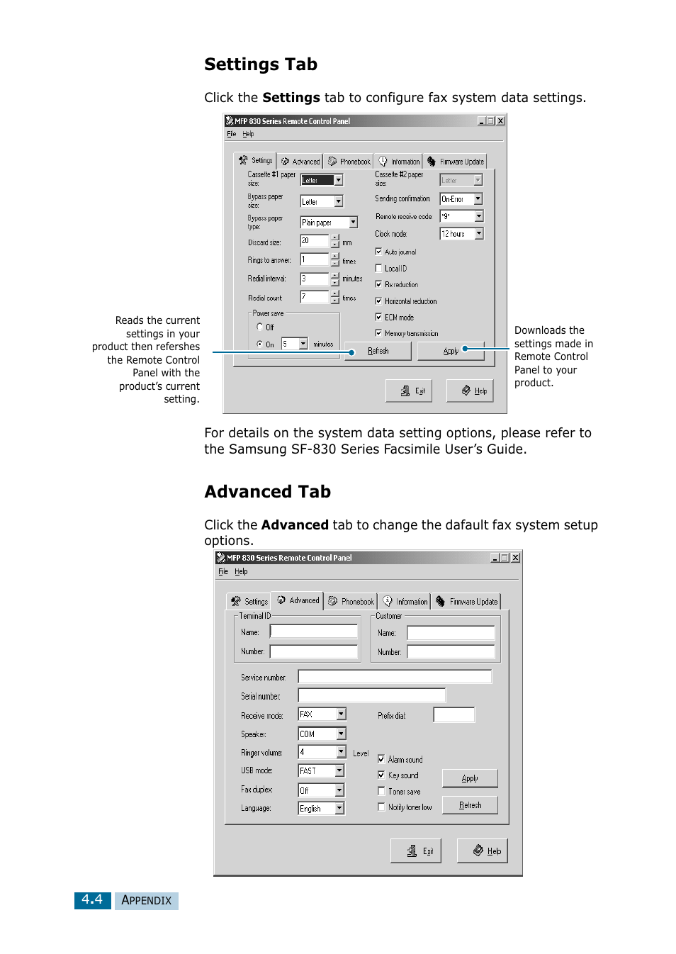 Settings tab, Advanced tab, Settings tab advanced tab | Samsung 835P User Manual | Page 47 / 51