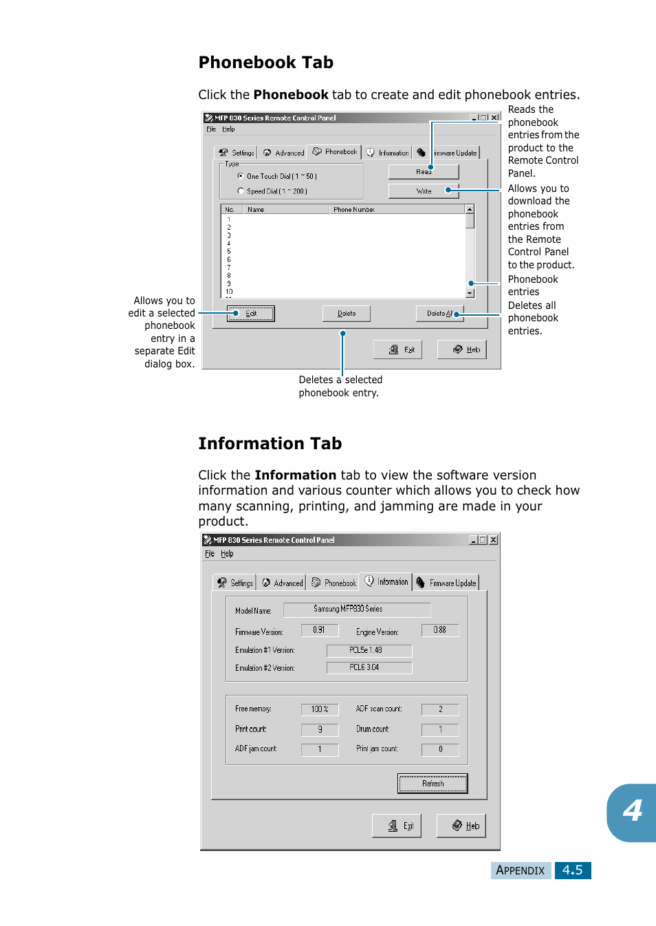 Phonebook tab, Information tab, Phonebook tab information tab | Samsung 835P User Manual | Page 48 / 51