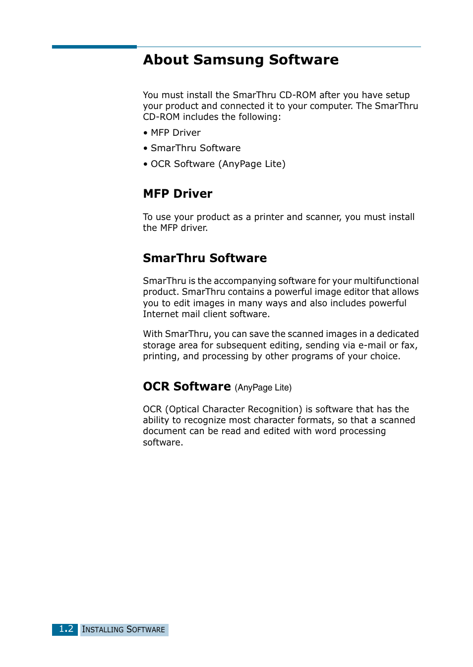 About samsung software, Mfp driver, Smarthru software | Mfp driver smarthru software ocr software, Ocr software | Samsung 835P User Manual | Page 5 / 51