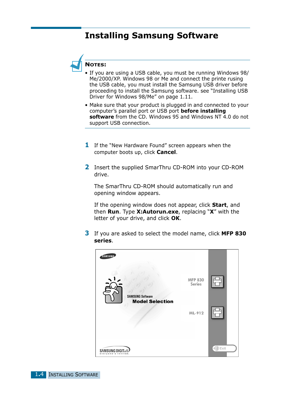 Installing samsung software | Samsung 835P User Manual | Page 7 / 51