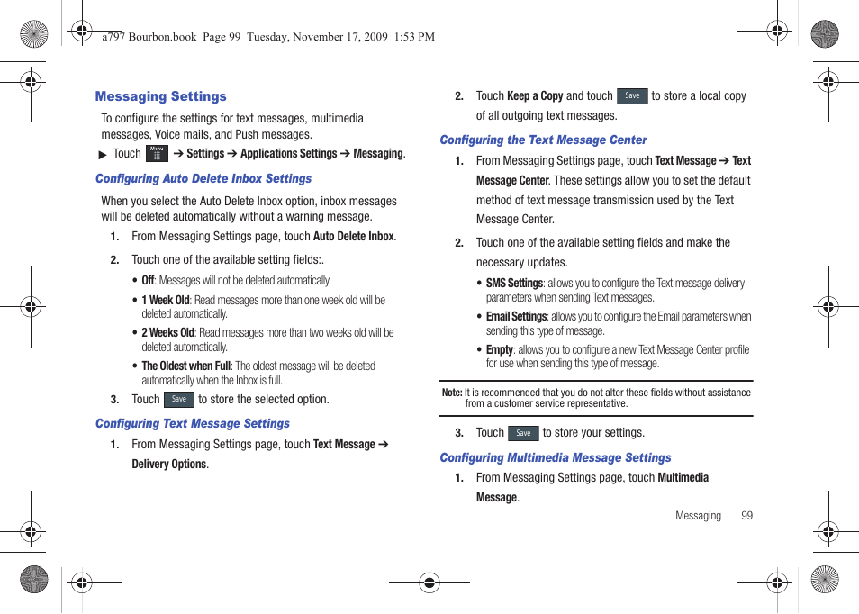 Messaging settings | Samsung FLIGHT SGH-A797 User Manual | Page 103 / 177