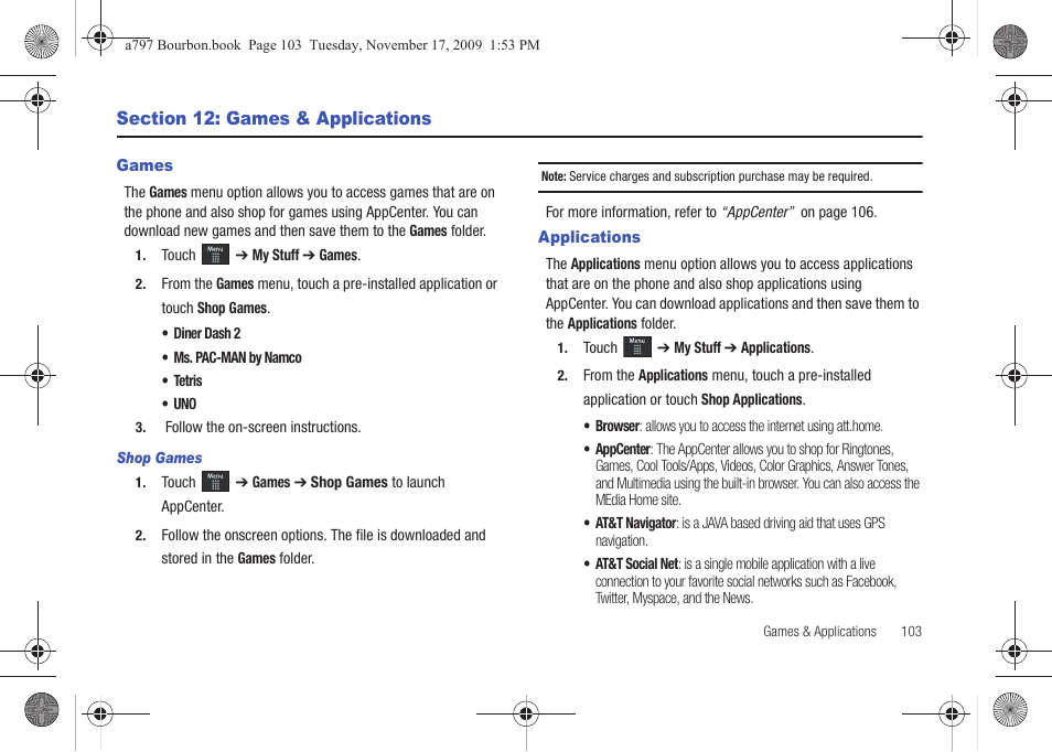 Section 12: games & applications, Games, Applications | Games applications | Samsung FLIGHT SGH-A797 User Manual | Page 107 / 177