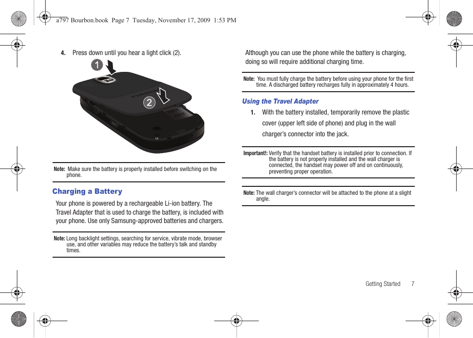 Charging a battery | Samsung FLIGHT SGH-A797 User Manual | Page 11 / 177