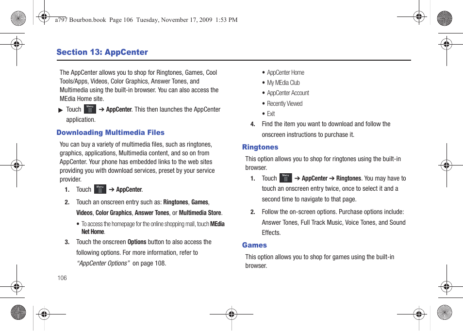 Section 13: appcenter, Downloading multimedia files, Ringtones | Games, Ringtones games | Samsung FLIGHT SGH-A797 User Manual | Page 110 / 177